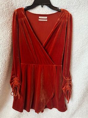 Urban Outfitters Terra Cotta Orange Rust Velvet long sleeve Romper Boho Small